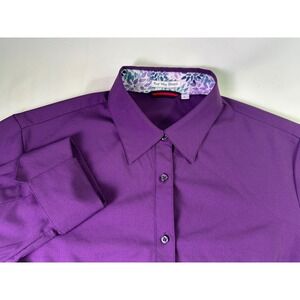 Four Way Stretch Women's Large Purple Shirt‎ Floral Collar Long Sleeve Button Up